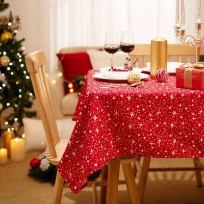 Afbeelding van Deconovo Kerstmis Tafelkleden, Wipe Clean Waterdichte Stoffen Tafelkleed, Rood Gedecoreerde Rechthoek Tafelkleden voor Diner Keuken Party Home Decor, 130x220cm, Kosmische Sterren