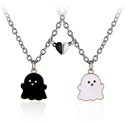 Afbeelding van Bixorp Friends Halloween BFF Ketting voor 2 met Spookjes &amp; Magnetisch Hartje Zwart/Wit Zilverkleurig &quot;Best Friends&quot; Vriendschapsketting