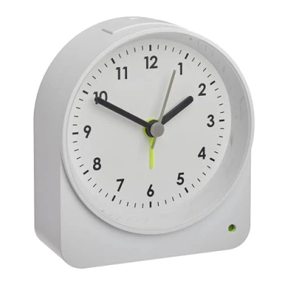 Afbeelding van TFA Dostmann analoge wekker, 60.1041.02, zonder tik met veegbeweging, achtergrondverlichting/lichtsensor, reiswekker en tafelklok, secondewijzer, kwartsuurwerk, 10cm x 9,1 cm, wit