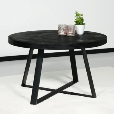 Afbeelding van Salontafel rond mangohout Teun zwart side table industrieel bijzettafel mango hout