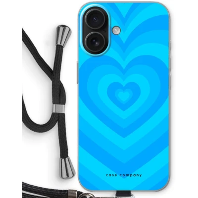 Afbeelding van Case Company® hoesje met Koord geschikt voor iPhone 16 Hart Blauw Telefoonhoesje Zwart Bescherming aan alle Kanten en Over de Schermrand