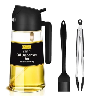 Afbeelding van Oliedispenser Fles voor Koken,Olie spuiten en gieten 2 in 1， 470ml eetbare olie Spray glazen fles,Olie Sproeier de keuken,Van toepassing op hete lucht friteuse,(zwart)