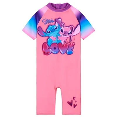 Afbeelding van Disney Badpak meisjes, neopreenpak korte mouwen, broek en ritssluiting meisjes geschenken, Roze Stitch &amp; Angel, 11 12 Jaar