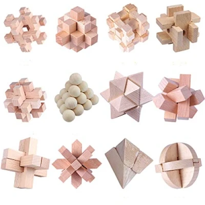 Afbeelding van Coriver 12 stuks houten brain teaser puzzel, logica puzzels, IQ spelletjes, test, uitdaging speelgoed, 3D interlocking ontwarringsspel voor kinderen, tieners en volwassenen