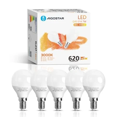 Afbeelding van Aigostar E14 G45 Ledlampen, 7W Schroeflamp, Warm Wit 3000K, 620lm, AC 220 240V, Geschikt Voor Binnenverlichting Zoals Kroonluchters, Hanglampen, Wandlamp, Bureaulamp, Niet Dimbaar, Set van 5