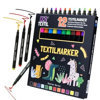 Afbeelding van K2 TEXTIL Textielstiften, set van 24, 12 stuks, wasmachinebestendig, textielmarkers om te beschilderen, textielverf voor textiel en schoenen, stofmarkers, geschikt kinderen, stuks