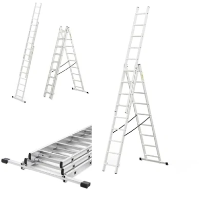 Afbeelding van DRABEST HOME Aluminium Ladder 3x9 Sporten Max. 4,54 M Lang Werkhoogte 5,47 Tot 150 Kg 3 Delig Multifunctionele Ladder, Trapladder, Uitschuifbare Vouwladder Verstelbaar