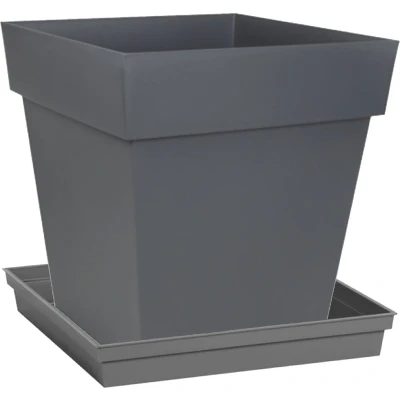 Afbeelding van Bloempot Toscane vierkant kunststof antraciet grijs L32 x B32 H32 cm inclusief onderschaal L27 B Plantenpotten