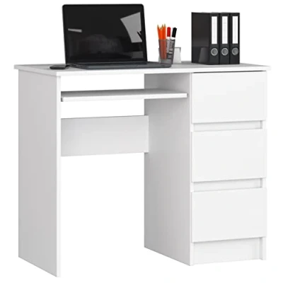 Afbeelding van AKORD Schrijftafel, bureautafel, computertafel, werktafel, laptoptafel, bureaumeubel, 3 laden, rechts scholierenbureau, kinderbureau, pc tafel, wit, 90 x 77 50 cm (rechts)