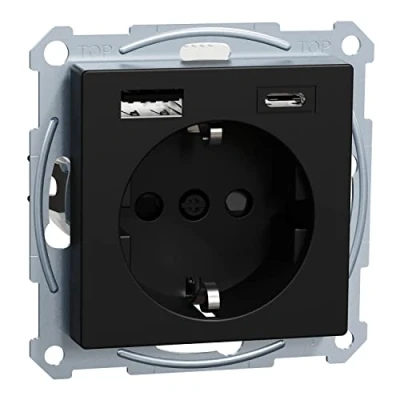 Afbeelding van Schneider electric merten systeem m wandcontactdoos bestaat uit een sokkel en centraalplaat met geintegreerde usb lader a c max 3a is uitgevoerd in de