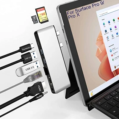 Afbeelding van Surface Pro 9 Hub Docking Station met 4K HDMI, USB C Thunerbolt 4 (8K @30Hz Video+40G Data+100W Power), 100M RJ45, 2X USB3.0, SD+TF kaartsleuf, 3,5 mm audio, drievoudig display voor 9/Pro