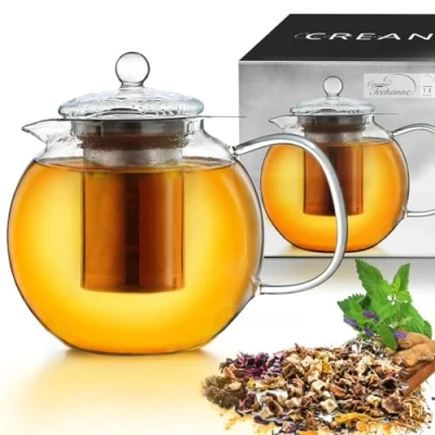 Afbeelding van Creano glazen theepot 0.85l 3 delige met geïntegreerde roestvrijstalen zeef en deksel, ideaal voor het bereiden van losse thee, druppelvrij, alles in één