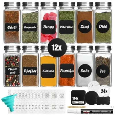 Afbeelding van COM FOUR® 12x kruidenpotjes met accessoires glazen kruidencontrole 120 ml, sproeiopzetstukken, borstel, trechter, etiketten, pen (0012 stuks accessoires)
