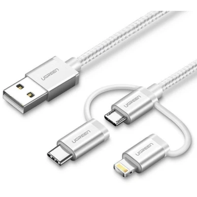 Afbeelding van UGREEN 3 in 1 USB A Multifunctionele Kabel 1.5M MicroUSB / C Lightning Wit
