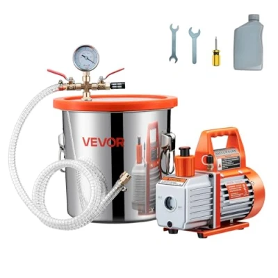 Afbeelding van VEVOR 99L/min enkeltraps vacuümpomp met 11,36L ontgassingskamer en 1,5m slang