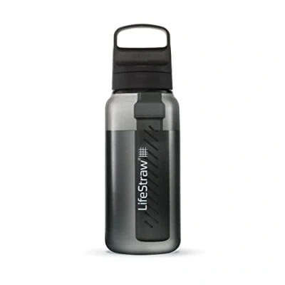 Afbeelding van LifeStraw Go serie BPA vrije waterfilterfles voor reizen en dagelijks gebruik, verwijdert bacteriën, parasieten microplastics, verbetert de smaak, 1 liter Nordic Noir