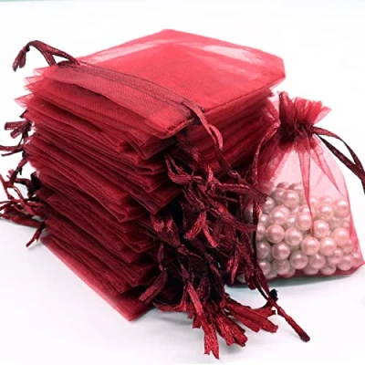 Afbeelding van Leeyunbee 100 stuks bourgondië organzazakjes, 7 x 9 cm, cadeauzakjes, bruiloft, snoepzakjes voor festivals, feesten en bruiloften, satijnen trekkoord
