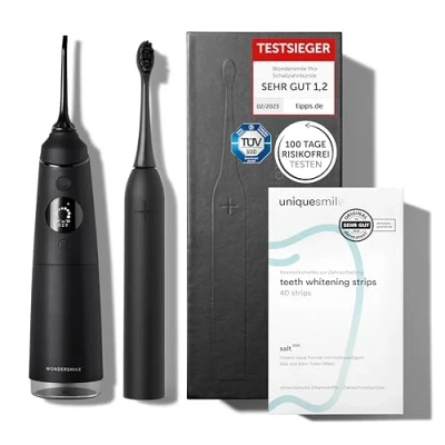 Afbeelding van Uniquesmile Tandbleekstrips, bundel met ultrasone tandenborstel en monddouche, testwinnaar 2024 100 dagen zonder risico (40 stuks/Ultimate Black)