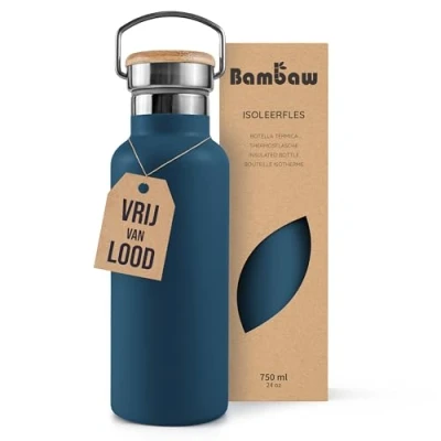 Afbeelding van Bambaw® 750ml RVS Thermosfles Dubbelwandig, Milieuvriendelijk, Lekvrijen, loodvrij en Plasticvrij Geïsoleerde Fles met Bamboe Deksel voor Warme Koude Dranken Ideaal Reizen, Werk, Yoga, Wandelen Dagelijks Gebruik blauw