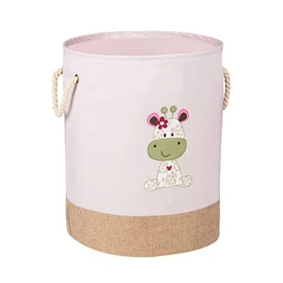 Afbeelding van WENKO Wasverzamelaar voor kids Greta roze, ronde waszak kinderen in moderne lichtroze kleur met leuke giraffenprint en twee katoenen handvatten, 63 liter opbergruimte één vak, Ø 40 x 50 cm