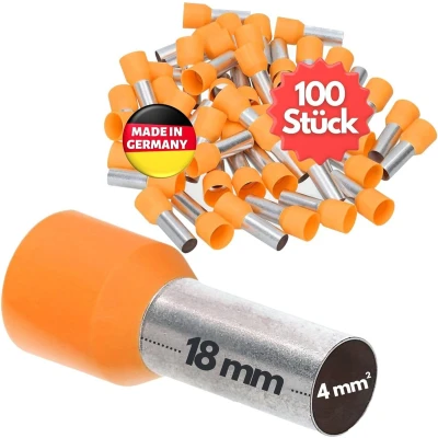 Afbeelding van 100 stuks Kalitec AE418OR adereindhulzen geïsoleerd 4,0 mm² 18 mm lang oranje I Made in Germany Industriële kwaliteit