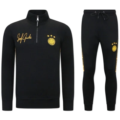 Afbeelding van Heren Joggingspak Half Zipper, Double Ribbon Zwart Geel Maat L