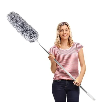 Afbeelding van Feather Duster, uitschuifbare stofdoek, microvezel, lange verlengstang, krasbestendige hoes, wasbaar, reiniging van hoge plafondventilatoren, jaloezieën, spinnenweb (grijs)