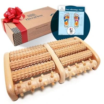 Afbeelding van Premium massageset hout set van 6 incl. Duitse handleiding en dubbelzijdige kaarten met katoenen zak massageroller triggerpoint massageapparaat voetmassageroller
