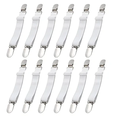 Afbeelding van CINGHIA Lakenspanner, verstelbaar, lang, bedlakenspanner, 12 stuks, wit, lakspanners voor kreukvrije lakens, elastische bedlaken, spanner met metalen clip, 65 100 cm