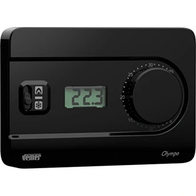 Afbeelding van VEMER Olimpo VE757800 Kamerthermostaat voor wandmontage, met lcd display en draaiknop, batterijvoeding, zwart
