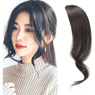 Afbeelding van 2 stuks golvende zijbang 100% echt haar clip in pony curly haarextensies (Natuurlijk zwart)