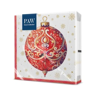 Afbeelding van PAW Papieren Servetten 3 laags (33 x 33 cm) 20 Stuks Gedrukt met Inkt op Waterbasis Creëer de Kerstsfeer Voor een Vrolijke Kerstfeest en Winter Kleur: Red Bauble With Ornament