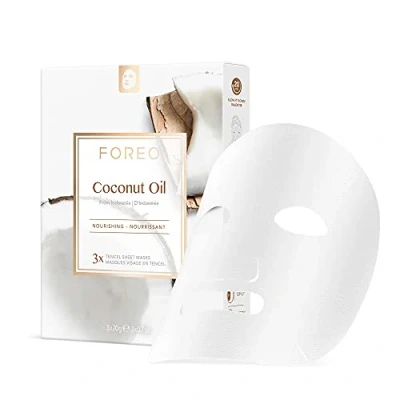 Afbeelding van FOREO Het masker van kokosolie maakt je teint weer zacht en glad: vochtinbrengende ingrediënten, natuurlijke kokosolie, veganistisch, cruelty free, 3 pack, compatibel met UFO apparaten.