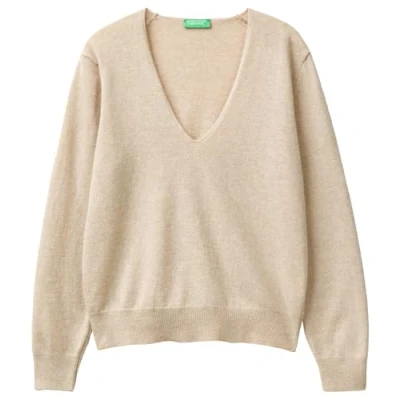 Afbeelding van United Colors of Benetton Vneck IN PURE Trui, Dames, Maat: Small, Beige
