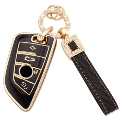 Afbeelding van Koaudb Autosleutelhanger Cover voor BMW Soft TPU Smart Key Case Zwart Goud met lederen sleutelhanger Lanyard Fit X1 X2 X3 X5 X6 2 5 6 7 Series 3 4 Knoppen Fob Case(BP BM 4D)