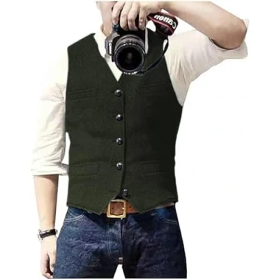 Afbeelding van Solovedress Casual wollen vest met visgraatpatroon voor onder pak, v hals, tweedvest bruiloft, groomsmen, Legergroen, XL