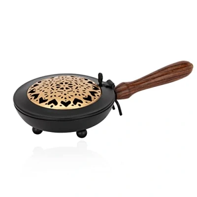 Afbeelding van NKlaus wierookbrander ijzer met houten handvat Mandala goud 24cm zwart 11488