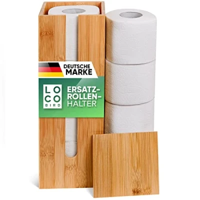 Afbeelding van Loco Bird Toiletpapieropberger 4 rollen bamboe hout met deksel &amp; plank Reserve rolhouder staand Toiletrolhouder