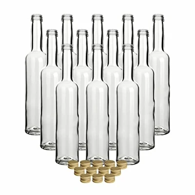 Afbeelding van gouveo Set van 12 glazen flessen, 350 ml, bordeauxrood, met schroefdeksel, goudkleurig, kleine fles voor keuken en huishouden, lege wijn, likeur, olie, azijn
