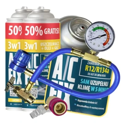 Afbeelding van A/C FIX, Vervanging voor gas R134a, 3 in 1, 2 x 235 g, met slang airconditioning auto‘s van 1995 2016, koelmiddel auto airconditioning,