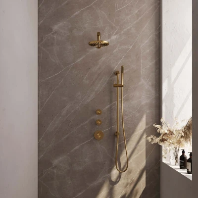 Afbeelding van BRAUER Gold Edition thermostatische inbouw regendouche SET 13 met 20 cm douchekop en rechte muurarm staaf handdouche doucheslang