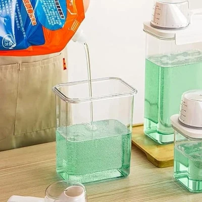 Afbeelding van 2300 ml luchtdichte wasmiddel dispenser met maatbeker, multifunctionele waspoeder dispenser, container opslag emmer doos