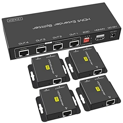 Afbeelding van VEDINDUST HDMI splitter Extender 1 in 4 out 50m (165ft), via Cat5e / 6/7 Ethernet Transmitter Receiver Super Setting EDID 1080p POC (vereist alleen TX voeding)