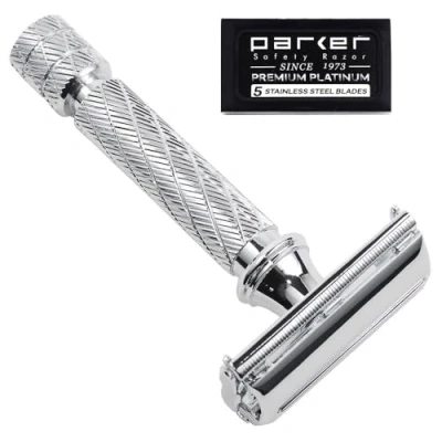 Afbeelding van Parker Safety Razor 87R Dubbele rand scheerapparaat met vlinder, traditionele korte handgreep, 5 hoogwaardige messen in de levering van chroom