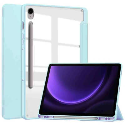 Afbeelding van Samsung Galaxy Tab S9 FE Hoes: iMoshion Trifold Hardcase Bookcase Shockproof/Valbescherming Hardcase,Bookcase Lichtblauw Kunststof Tablet