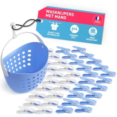 Afbeelding van Zachte clips met mandje (40 stuks mandje, lichtblauw wit/wit lichtblauw, wit handvat) van culiclean Premium wasknijpers