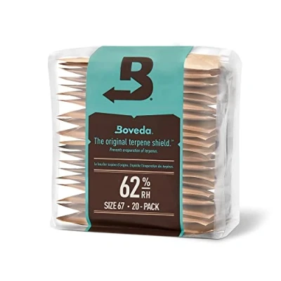 Afbeelding van Boveda voor het bewaren van kruiden 62% RV 2 way vochtregeling Maat 67 beschermt tot 450 gram bloemen Voorkom terpeenverlies Hersluitbare zak met 20 stuks