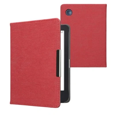 Afbeelding van kwmobile E reader hoesje geschikt voor Kobo Clara 2E hoes flip case met magneetsluiting Ereader cover Denim design in rood