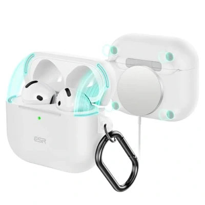 Afbeelding van ESR voor AirPods 4 hoes (HaloLock), compatibel met 4e generatie (2024) (USB C), MagSafe, volledige valbescherming karabijnhaak, magnetisch dekselslot, wit