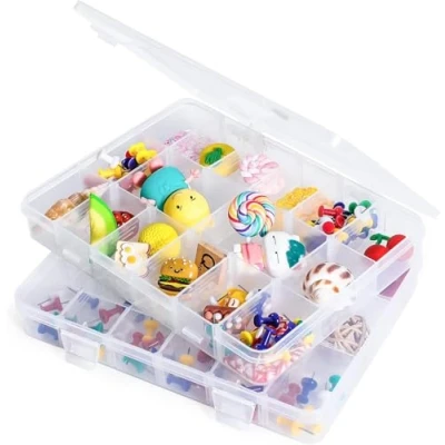 Afbeelding van LAifu 2 stuks plastic stapelbare organizer container met verstelbare verdelers, opbergdoos 18 verwijderbare roosters compartimenten voor sieraden cosmetica ambachtelijke tackle pillen